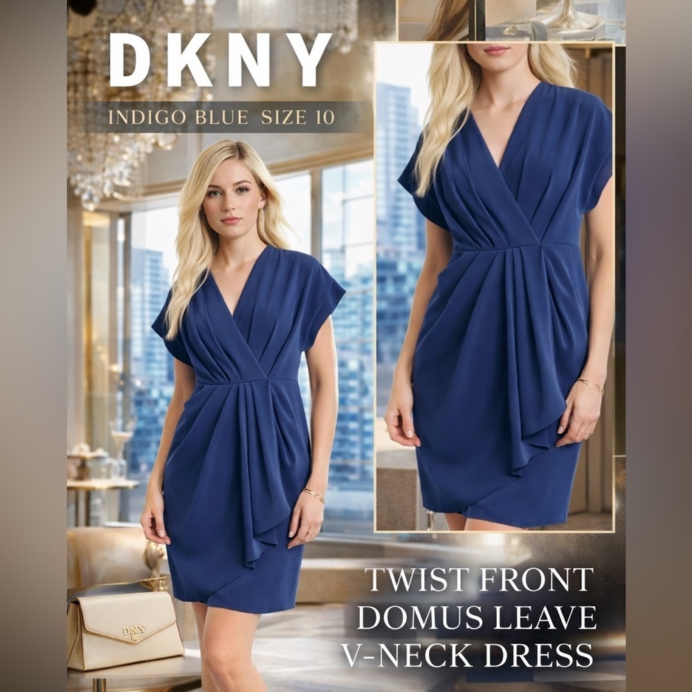 DKNY Twist Front Blue Mini Dress Size 10 NWT Office Work